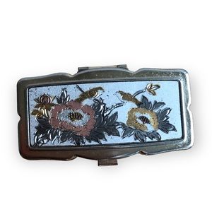 Estate VNTG Pill Box Bird Floral Copper mirrored compartments hinged Mid Century